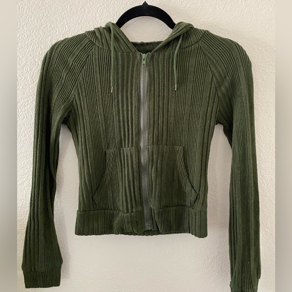 SHEIN Olive Green Ribbed Zip-Up Hoodie Sweater